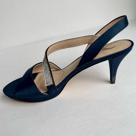 Nina Navy Blue Satin Asymmetrical Rhinestone Shoes Homecoming Sandals Heels Sz 8 - Picture 9 of 9
